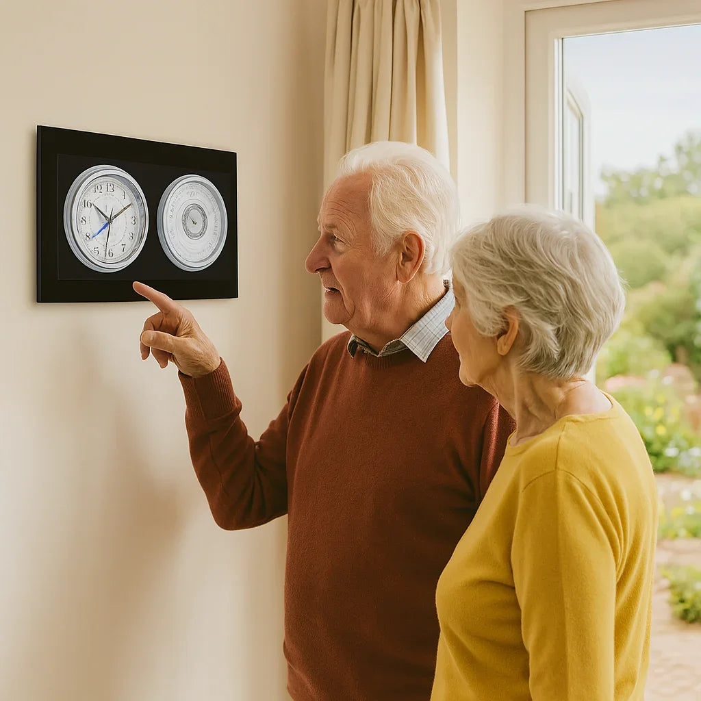 Elderly couple looking at wall-mounted barometer and tide clock in a bright living room.