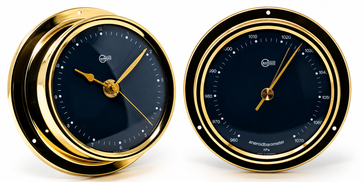 Barigo Regatta 125 mm Polished Brass Barometer & Clock