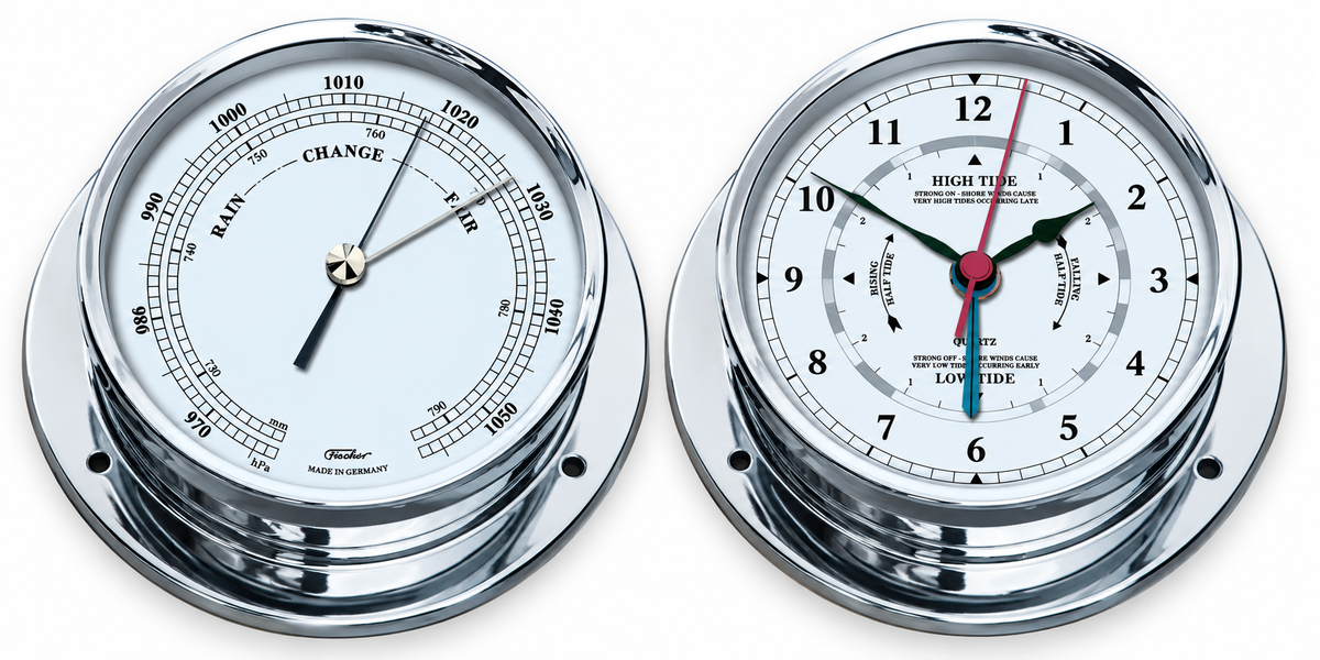 Premium Polished Chrome Tide Clock with Barometer – Modern Coastal Accessory