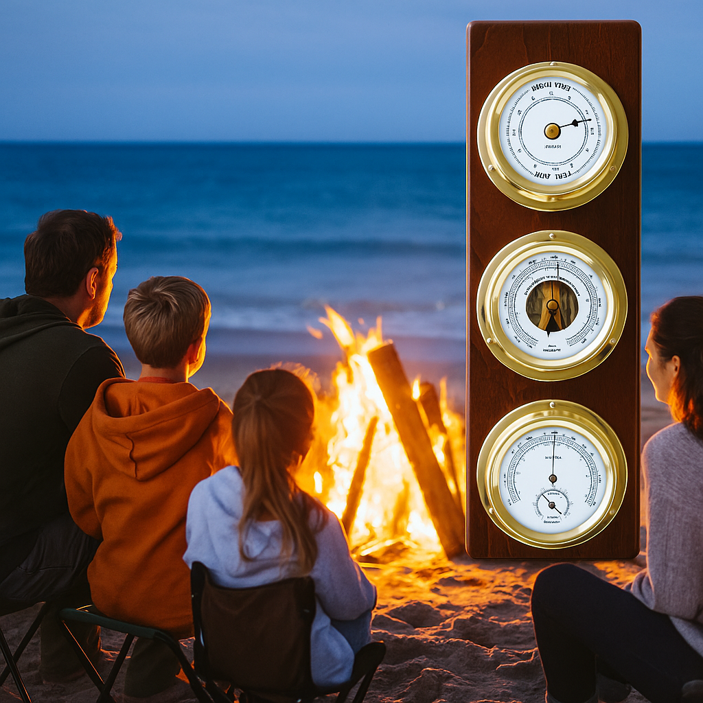 Modern Mahogany &amp; Brass Weatherstation – 4-in-1 Hygrometer, Barometer, Thermometer &amp; Tide Clock