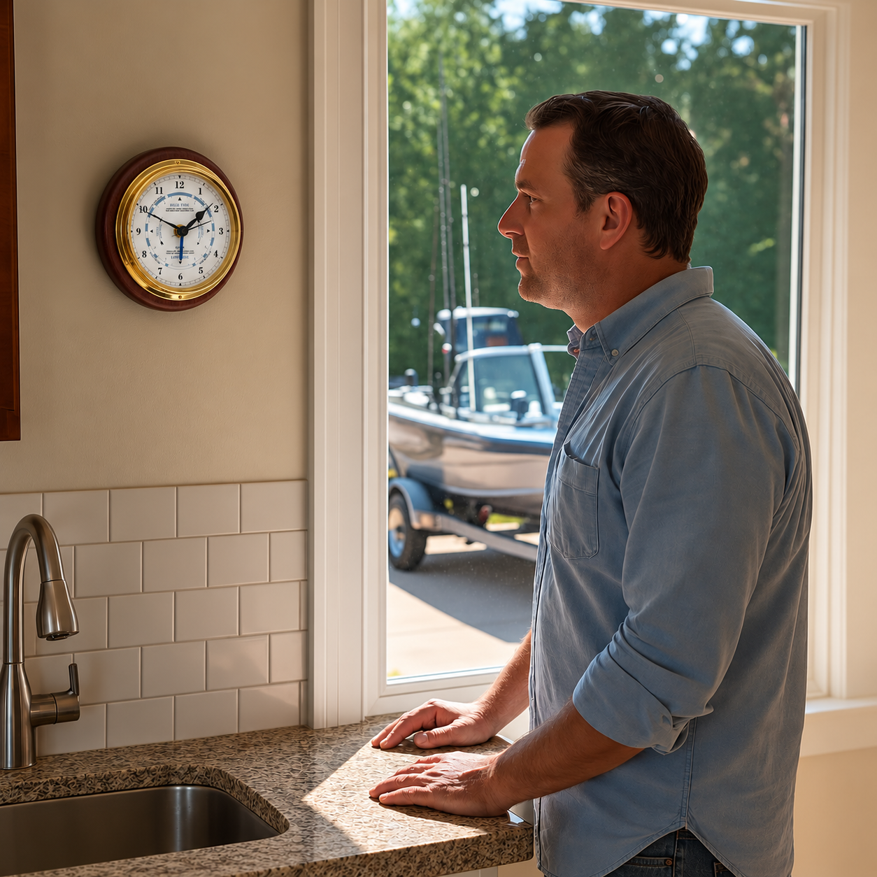 Nautical tide clock with white dial, gold trim, and wooden frame for tracking tide cycles.