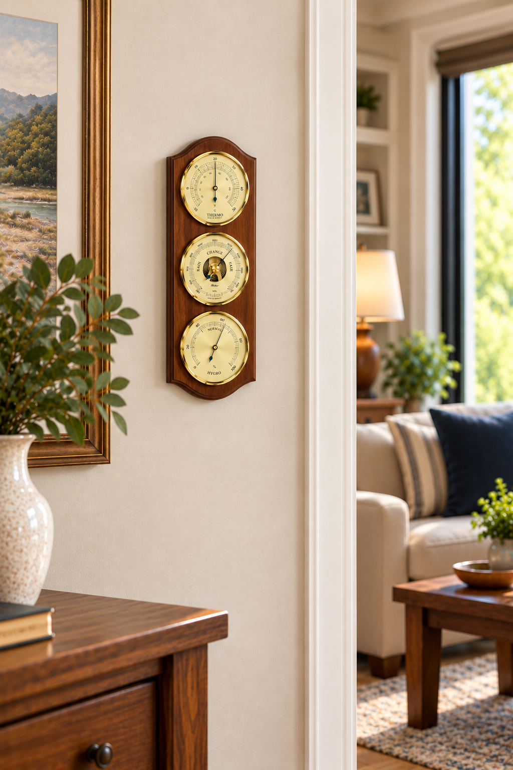 Indoor Weatherstation -3 in 1 - Hygrometer + Barometer + Thermometer | Walnut & Brass | 330mm x 130mm | 9176-12
