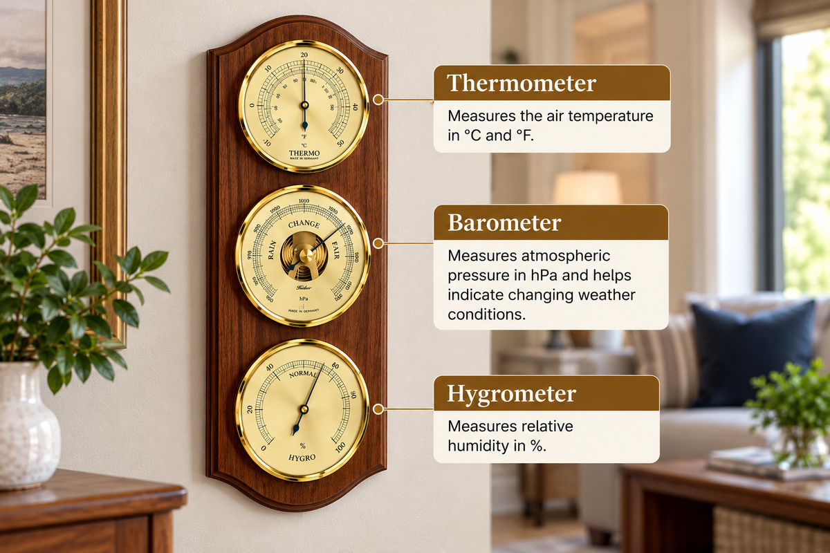 Indoor Weatherstation -3 in 1 - Hygrometer + Barometer + Thermometer | Walnut & Brass | 330mm x 130mm | 9176-12