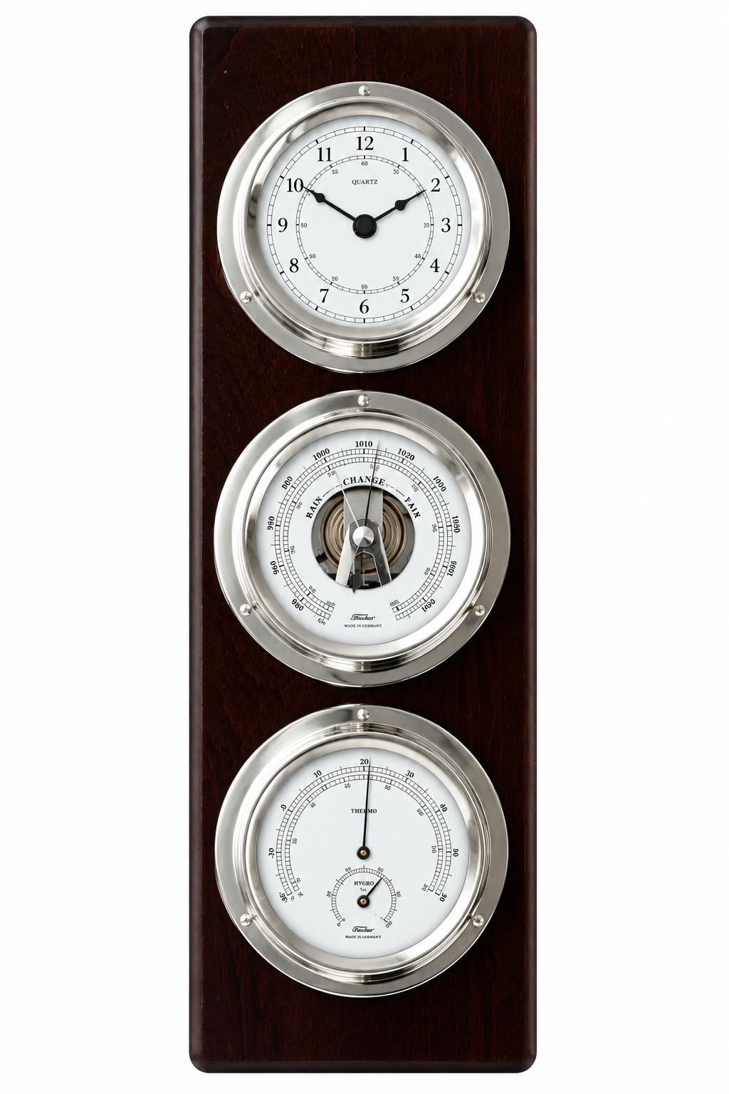 Indoor Weatherstation – 4-in-1 Hygrometer, Barometer, Thermometer & Quartz Clock |  Modern Ebony Black & Chrome | 510mm x 150mm | 1538TD-06