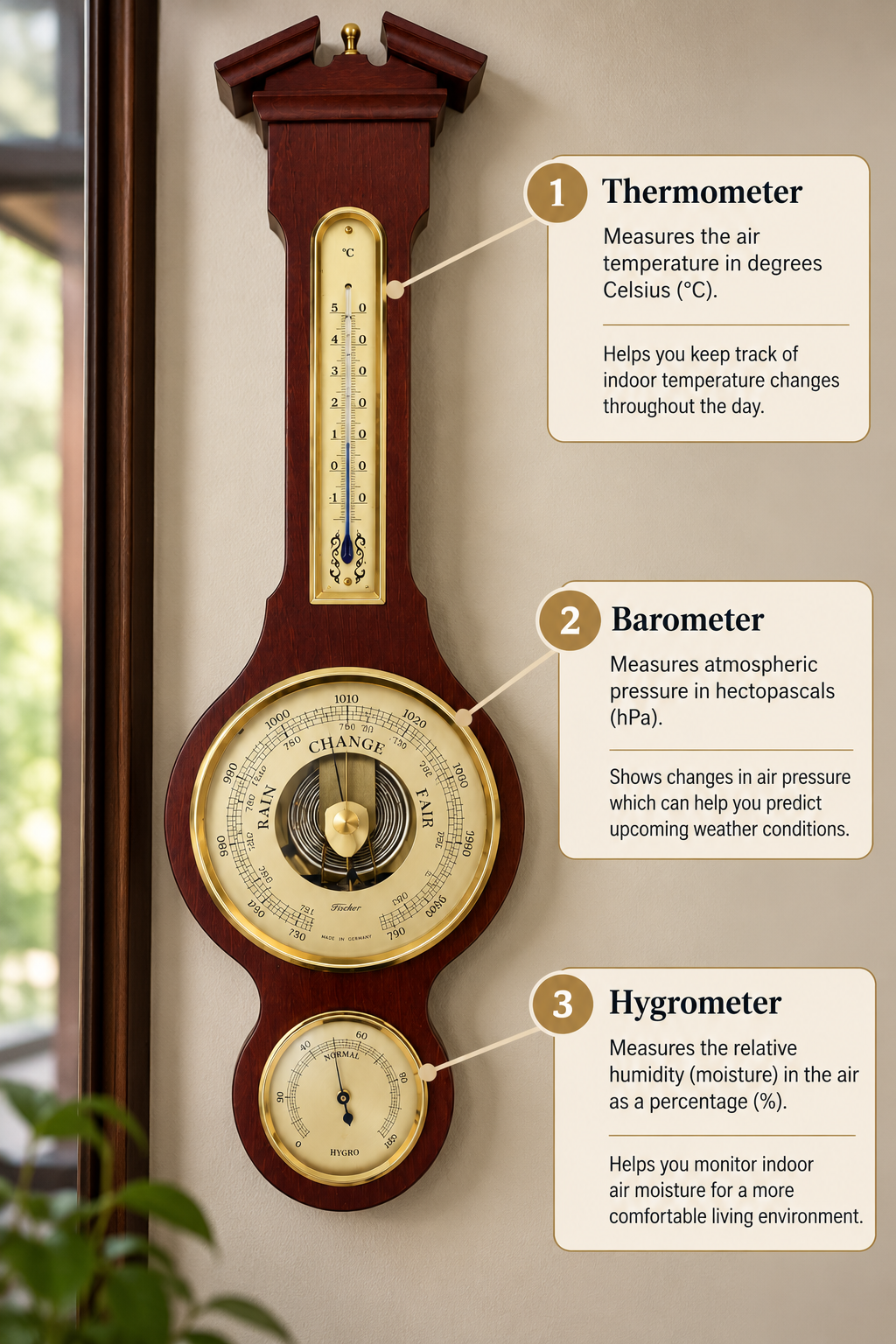 Traditional Banjo Weatherstation -3 in 1 - Hygrometer + Barometer + Thermometer | Beech Wood & Brass | 390mm | 6690-02