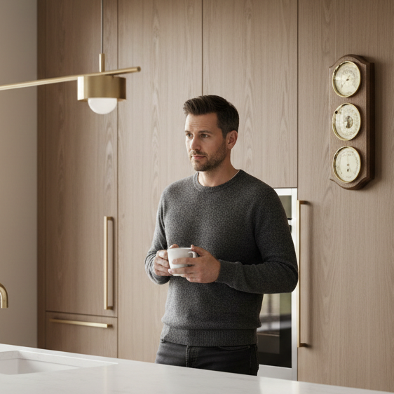 Man drinks coffee and ponders the weather next to his weather station